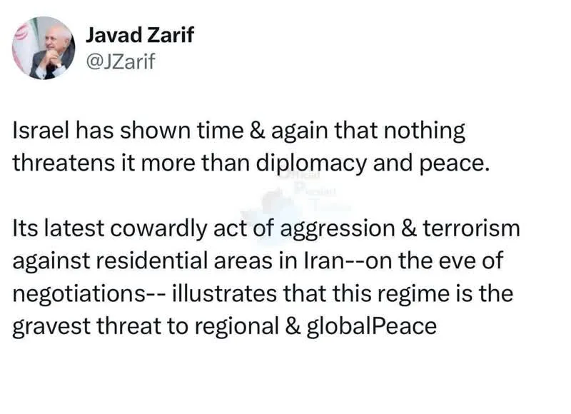 توییت محمدجواد ظریف به حملات جنایت کارانه اسرائیل