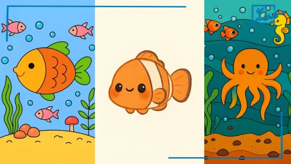 کاربرگ نقاشی ماهی و موجودات آبزی ساده و کودکانه برای رنگ آمیزی