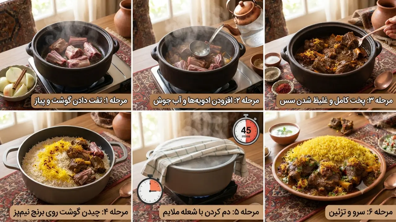طرز تهیه زیر برنجی با گوشت لری