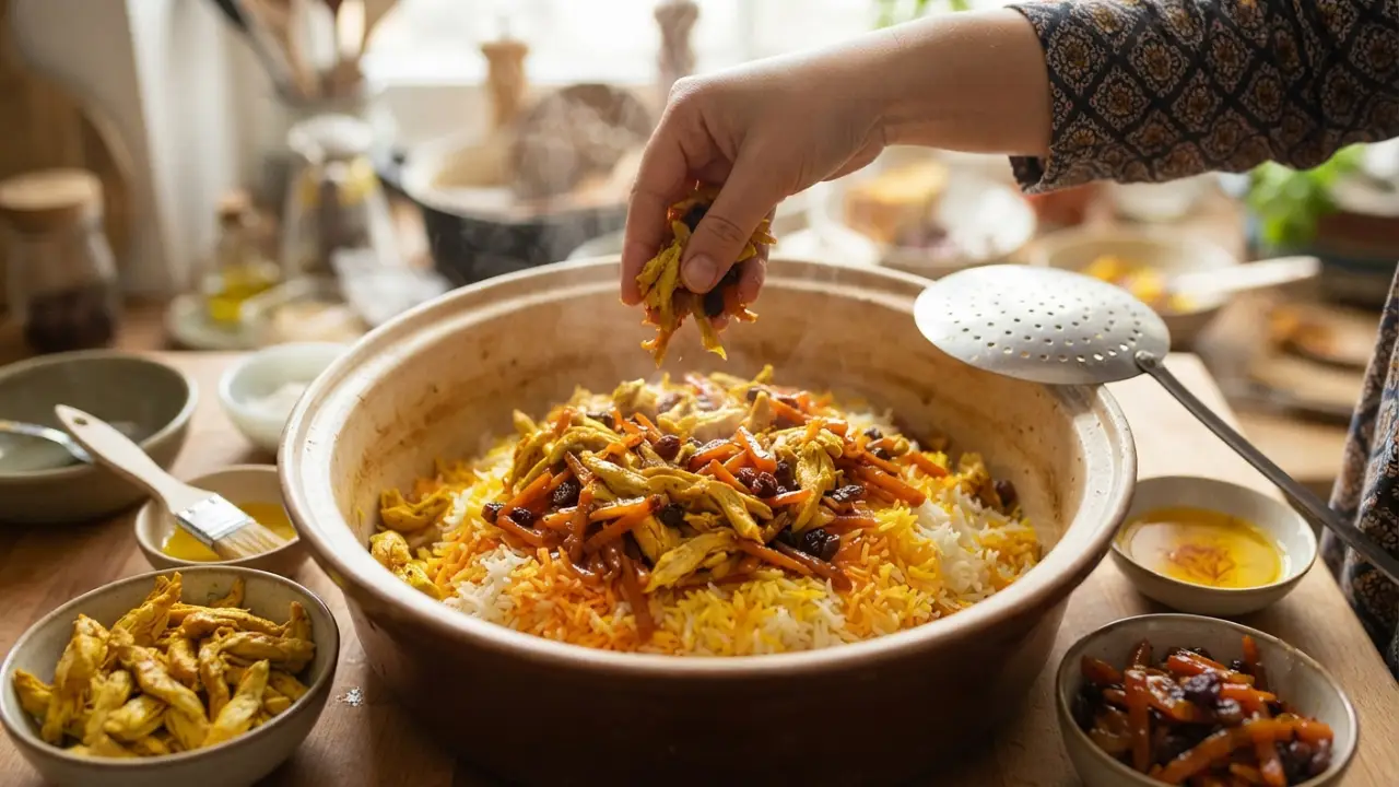 طرز تهیه ساطری پلو با مرغ مشهدی خوشمزه و مجلسی برای 6 نفر