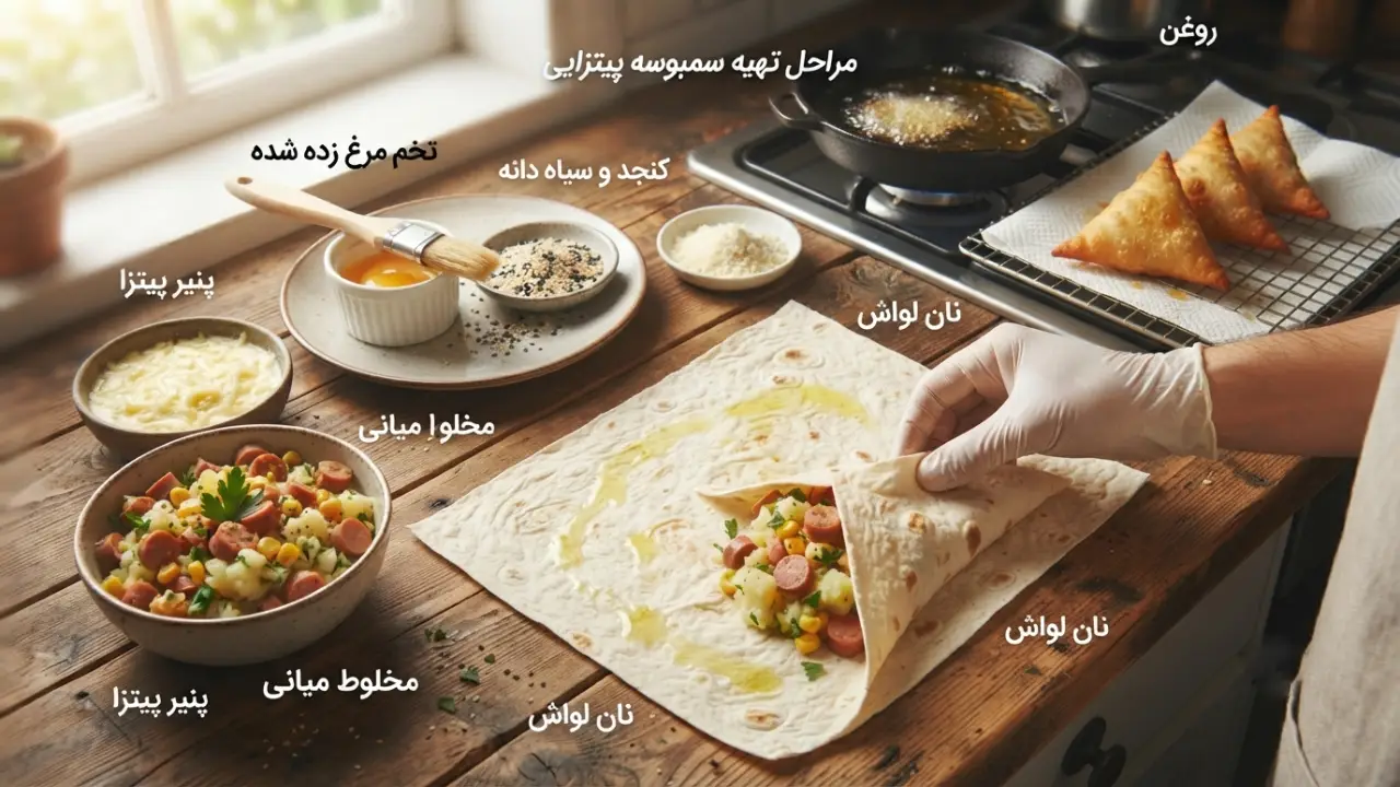 طرز تهیه سمبوسه پیتزایی با سوسیس و سیب زمینی بازاری