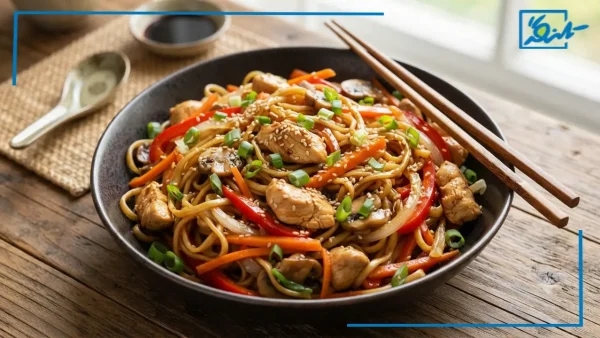 طرز تهیه نودل چینی با مرغ و سبزیجات + سس سویا