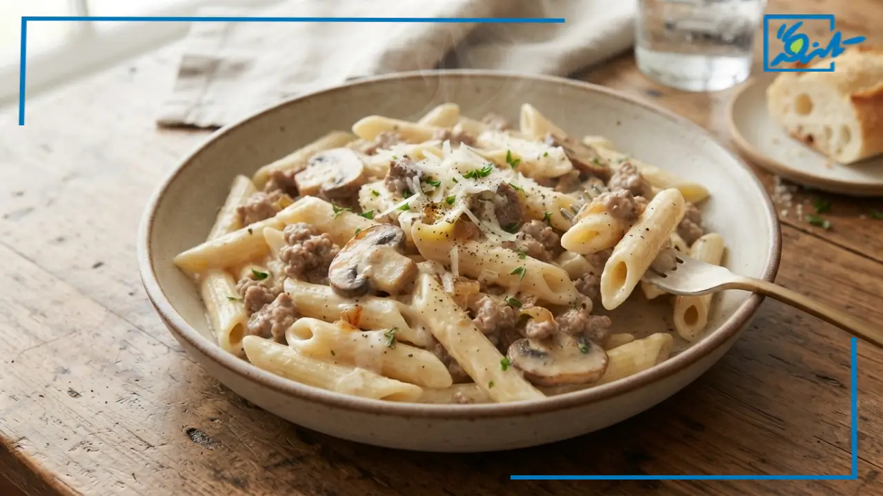 طرز تهیه پاستا با گوشت چرخ کرده و قارچ و خامه؛ فوری و خوشمزه
