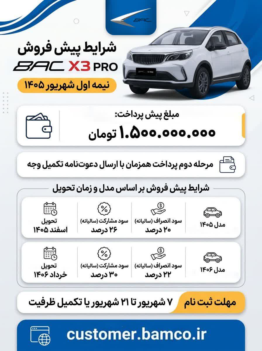 شرایط پیش فروش BAC X3 PRO برای نیمه نخست شهریور ۱۴۰۵