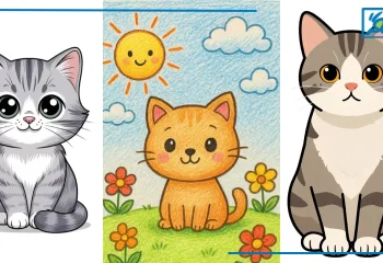 35 نقاشی گربه زیبا، ساده و آسان کودکانه برای رنگ آمیزی